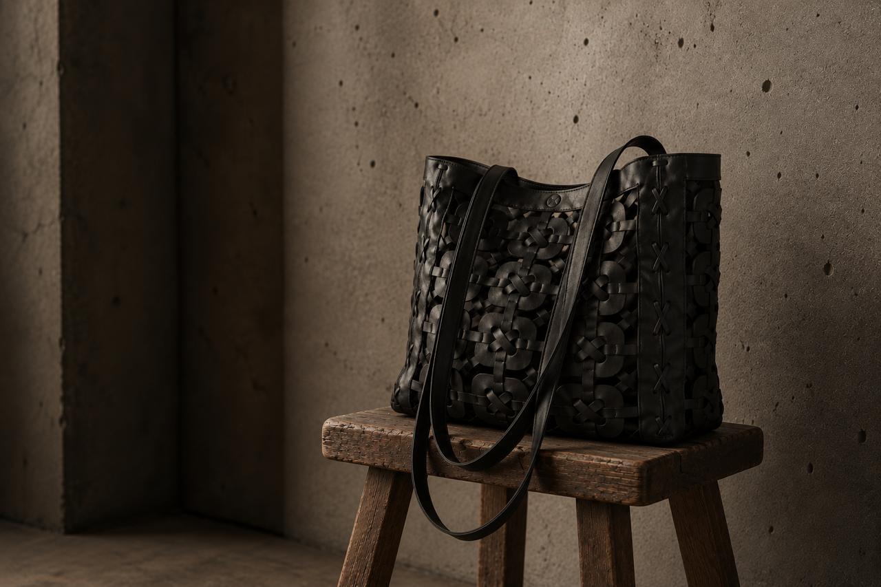 A ReUp bag made from reclaimed tyre tube resting on a wooden stool