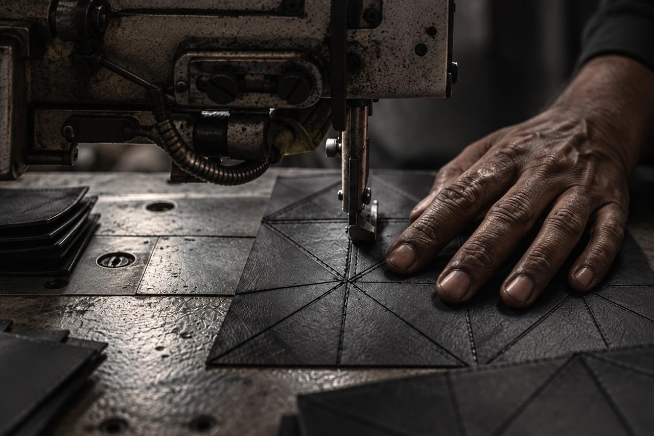 Industrial machine stitching reclaimed rubber